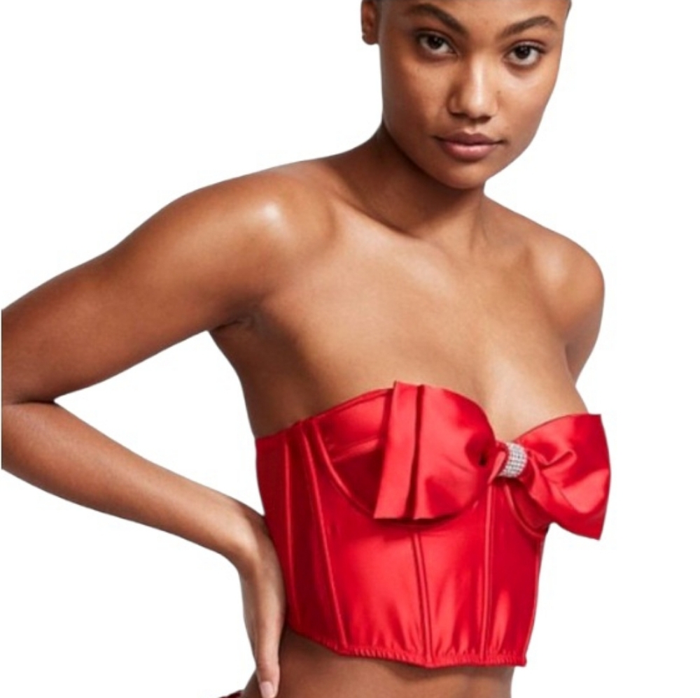 Victoria's Secret Dream Angels Red Satin Bow Diamond Corset Bra Top Sz 34DD NWT